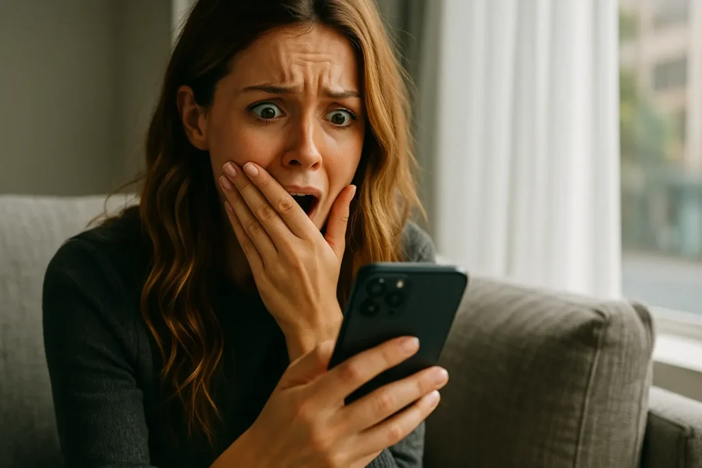 A shocked woman staring at her phone while covering her mouth with her hand, sitting on a couch in natural daylight.