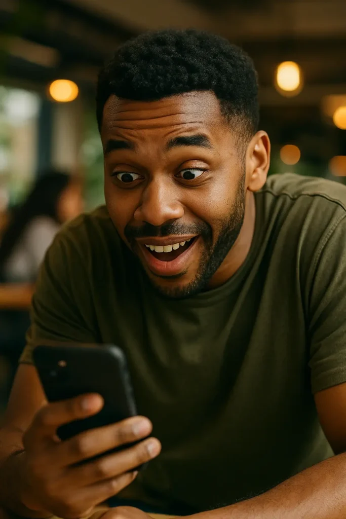 A man smiling widely in surprise while looking at his phone in a cozy cafe setting, showing an excited reaction.