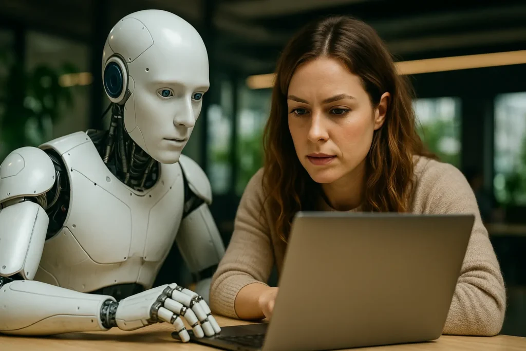 A humanoid robot and a woman sitting together and intently looking at a laptop screen in a modern office.