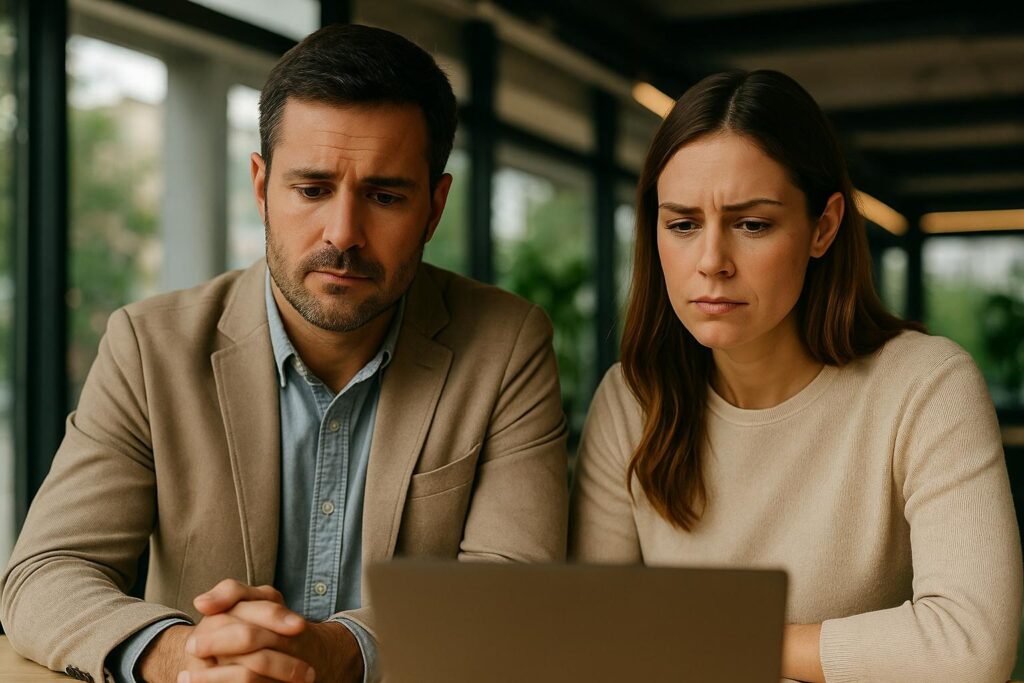 Two professional salespeople in a modern office discussing strategy, lit by natural light.