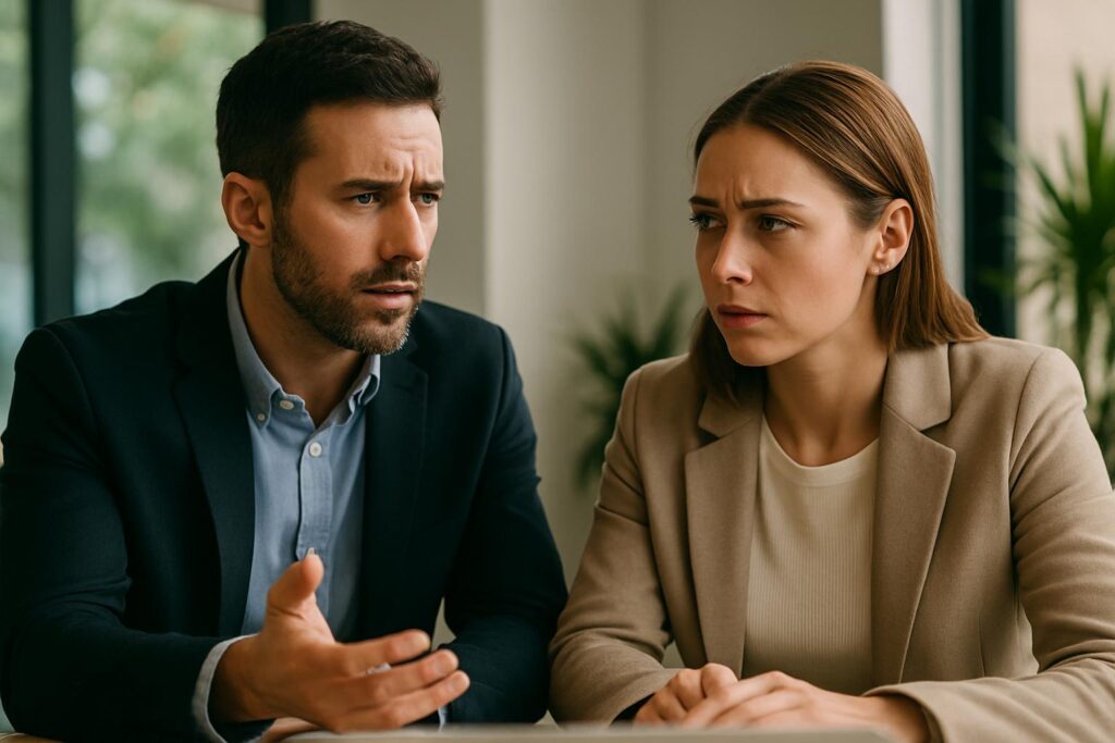 Two business professionals having an in-depth conversation over coffee in a casual setting.