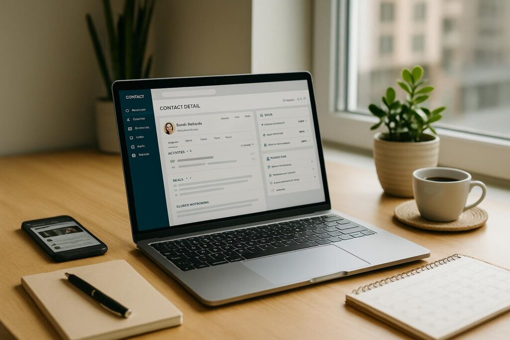 A minimalist desk setup with a laptop, smartphone, notebook, and CRM software open on screen.
