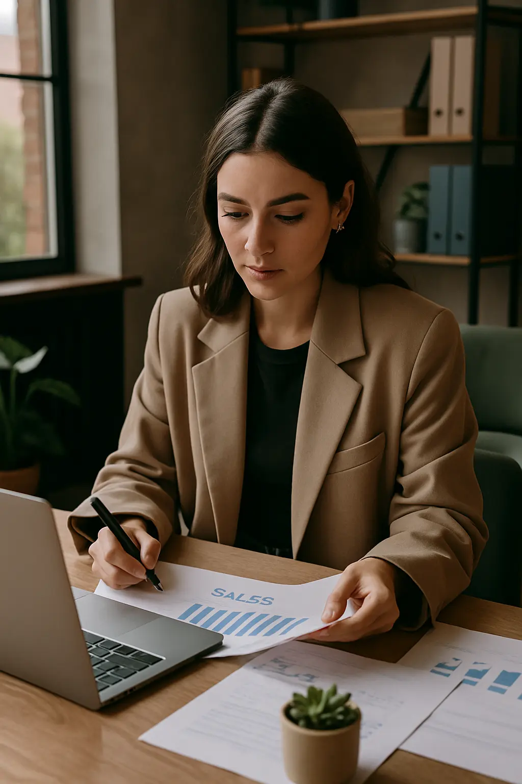 A focused young woman working at a desk with a laptop, natural light streaming in, suggesting a shift toward business and sales strategy.