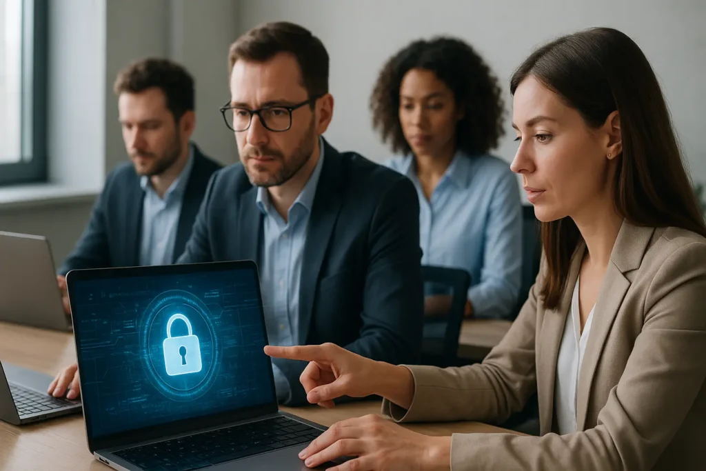 mall business team working on laptops in a modern office, focused and professional. One person points at a screen showing a lock icon and digital security interface, symbolizing web security.