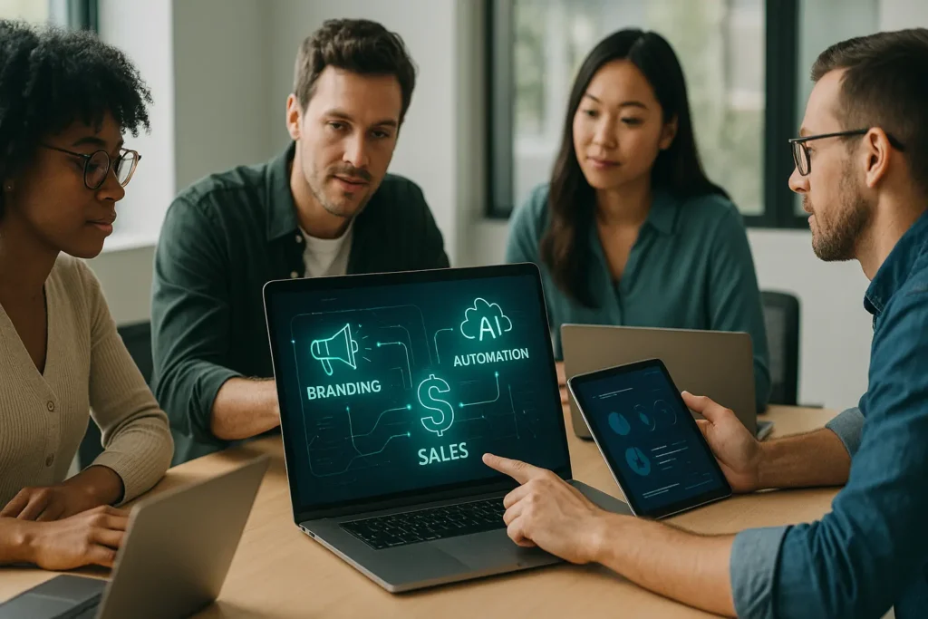creative team collaborating with laptops and tablets, planning sales and automation systems