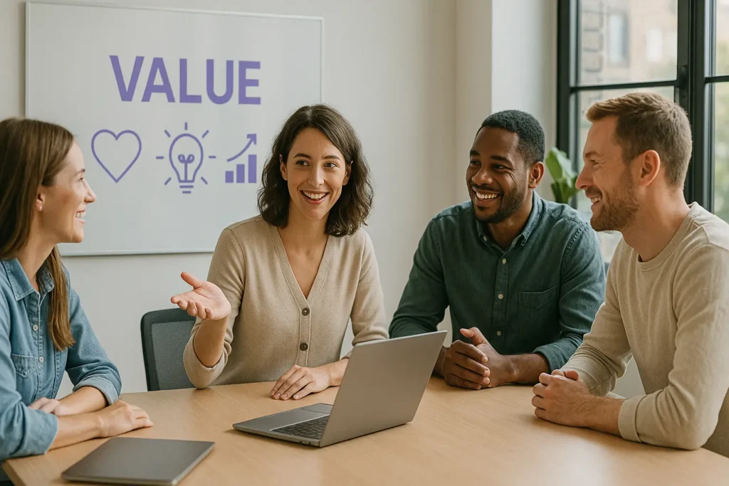 small creative marketing team collaborating in a bright workspace, smiling and discussing brand strategy instead of discounts