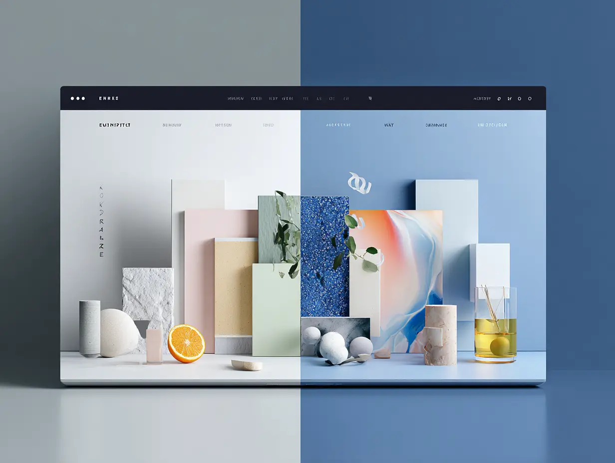 Minimalist web layout showcasing 3D content blocks arranged side by side with a split-tone background.