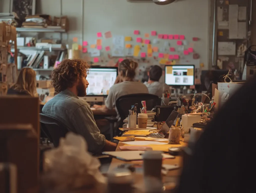 office, probably a web design agency, or branding one, with employees, and their laptops open. They have lots of things in front of them, like notebooks, pencils, coffee, which shows that nothing is perfect and shouldn't be.