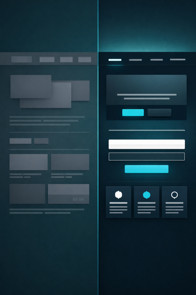 Split screen comparison showing an inaccessible website with poor contrast and cluttered layout versus an accessible website with clear structure and high contrast design.