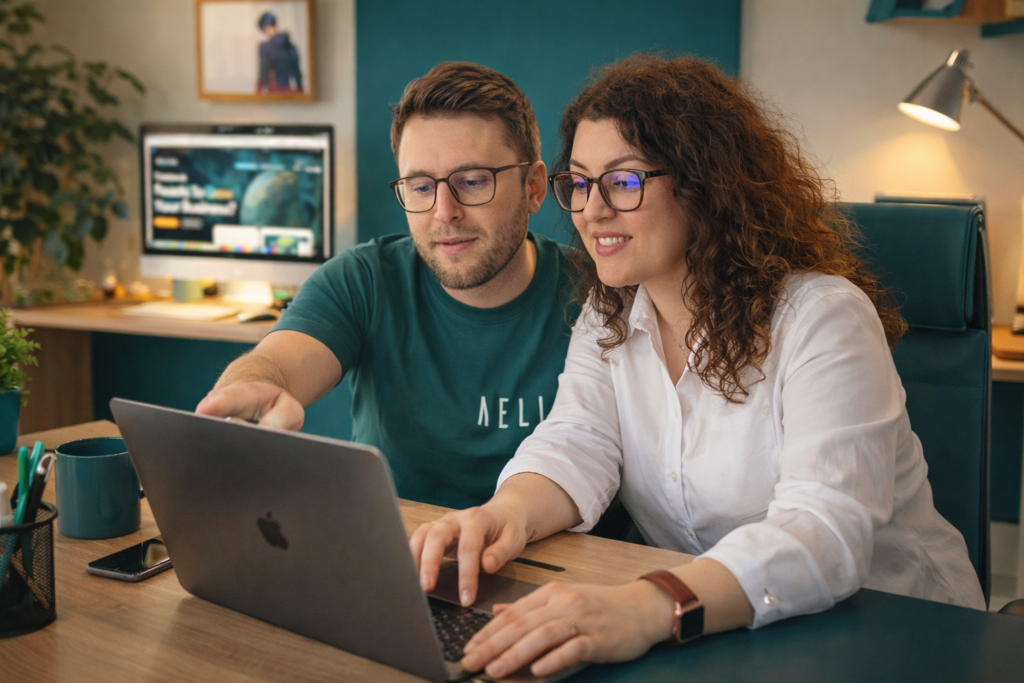 Two founders working side by side, turning ideas into real work. The screen shows the direction, the desk holds the tools, and the conversation in between is where the magic happens.
