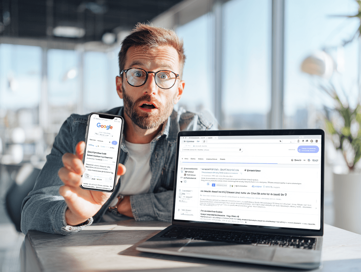 Surprised man with glasses in a bright modern office holding a smartphone showing Google search results while a laptop with a webpage is open on the desk.