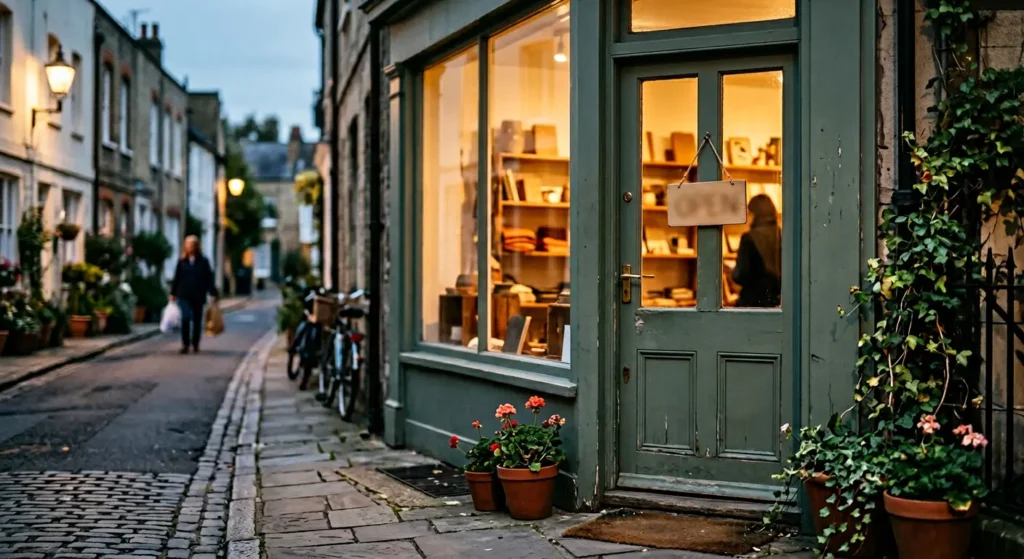 Warm glowing small shop front on a quiet cobblestone street at dusk with flower pots by the door and a person walking in the background