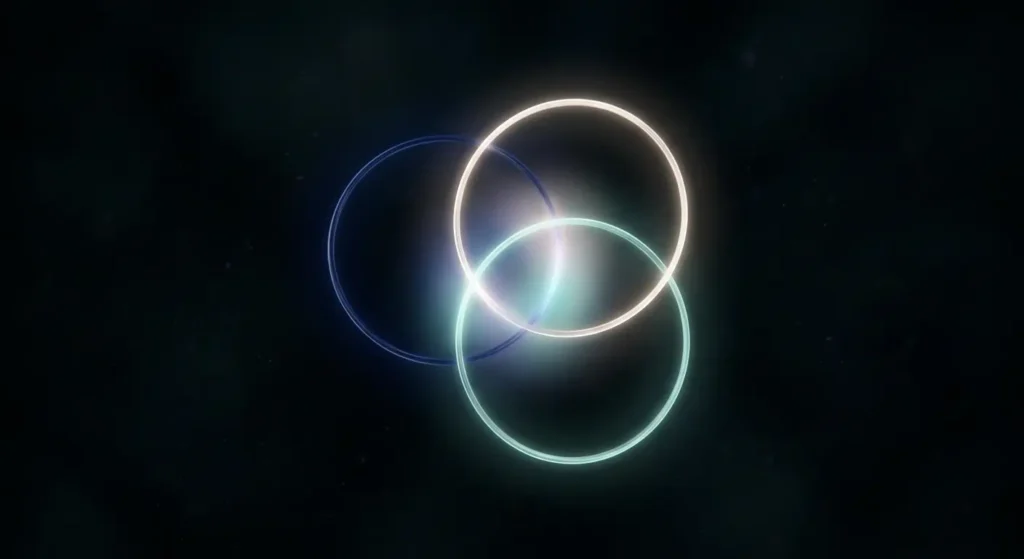 Three interconnected glowing rings forming a Venn diagram on a dark background, representing SEO, GEO, and AEO working together