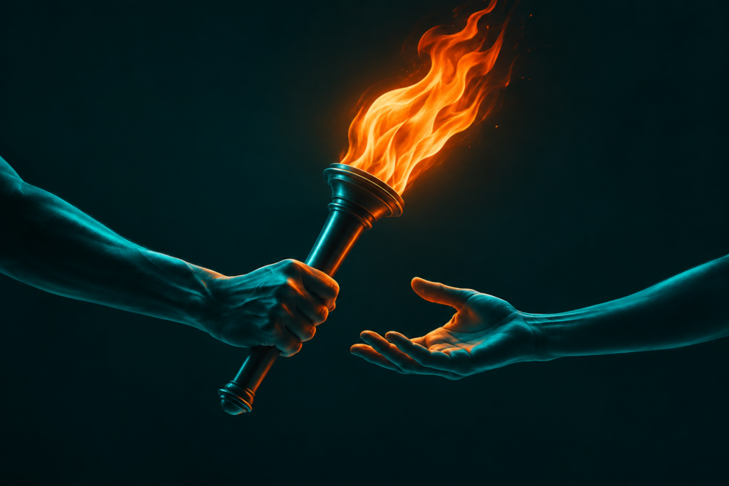 Brand consistency — a glowing torch passed from one hand to another in Aella teal and orange