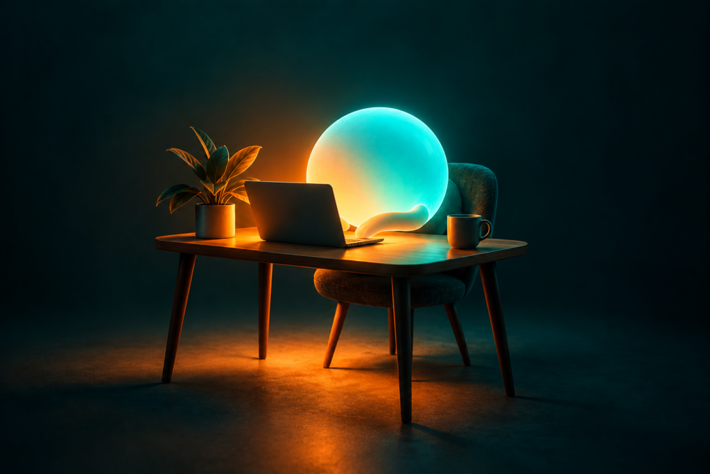 What is an AI employee — a glowing assistant working quietly in Aella teal and orange